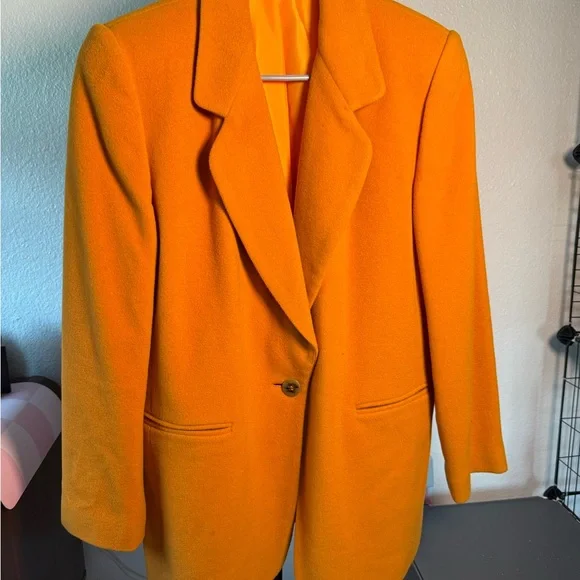 Vintage 90s Vibrant Mustard Yellow Orange Cashmere Wool Oversized Women’s Blazer - Picture 1 of 8